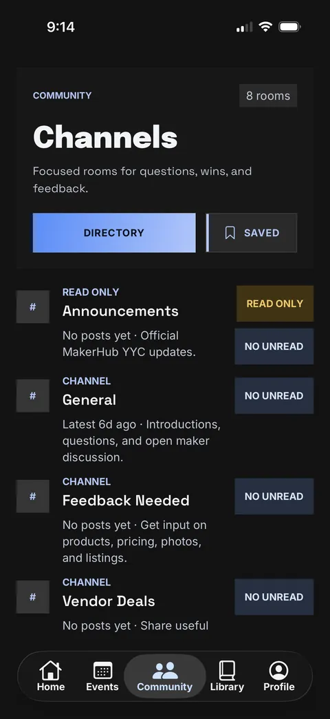 Community channels: focused rooms for questions, wins and feedback, with unread states.