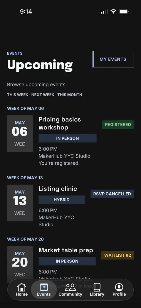 Upcoming events grouped by week, with registration, waitlist and cancelled states.