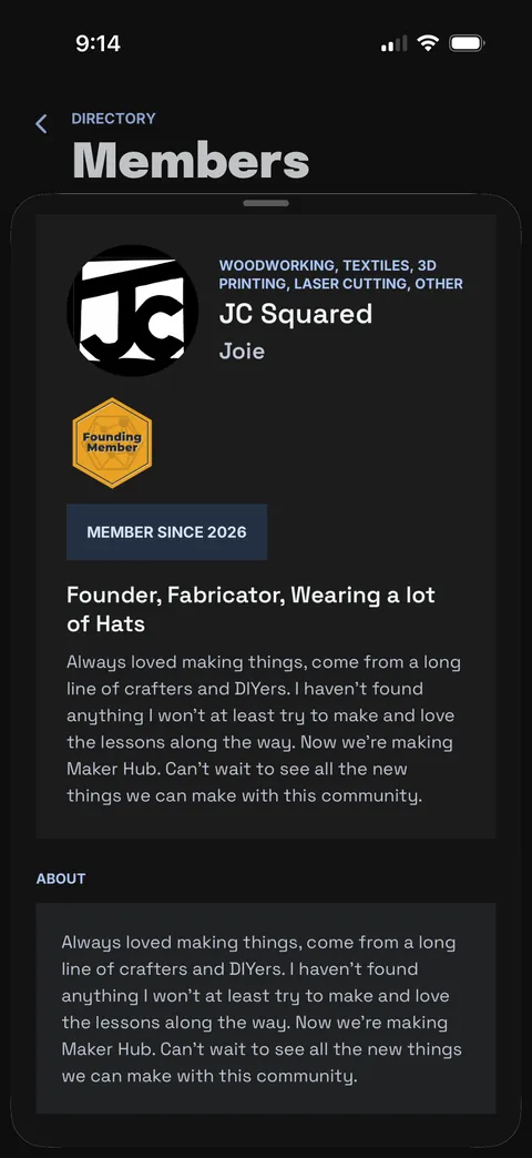 Member directory profile: craft tags, founding member badge, member since and a bio.