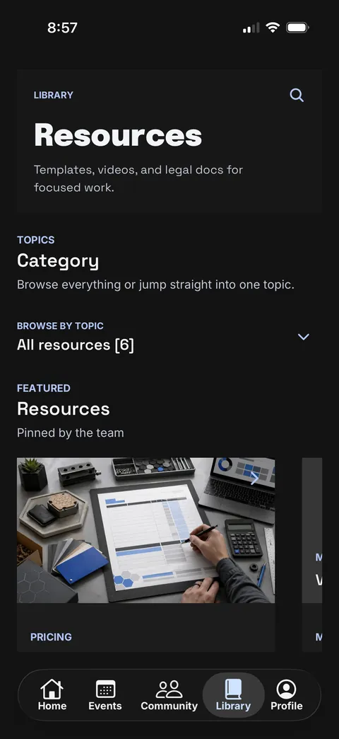 Resource library: templates, videos and legal documents, browsable by topic with pinned features.